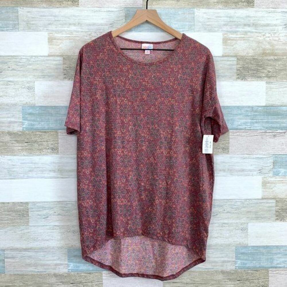 LuLaRoe Irma High Low Tunic Top Red Pink Gray Paisley Print Womens XS